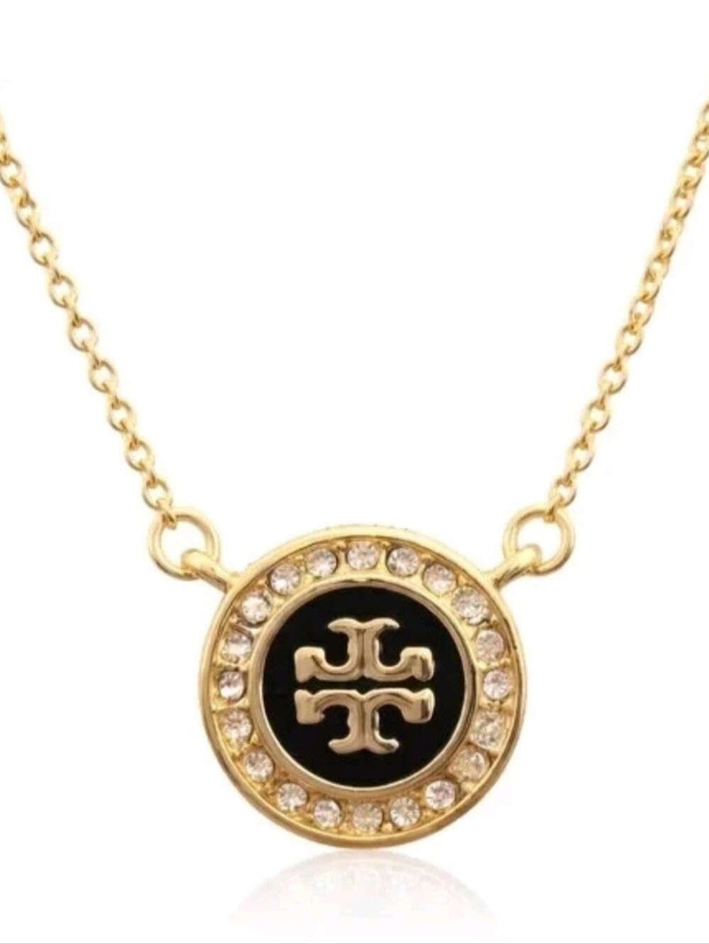 Tory Burch Gold-Tone Necklace with Black Enamel Logo and Crystal Halo